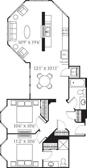 Floor plan for 2 beds, 2 baths, 1146 sqft